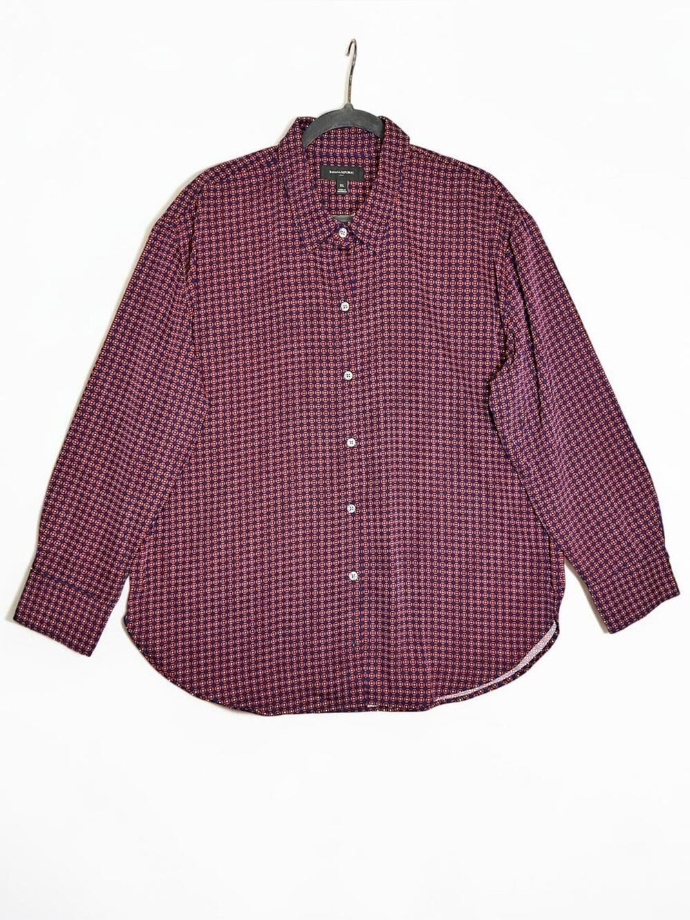 Banana Republic Women Burgundy and Navy Micro-Check Button-Down Shirt